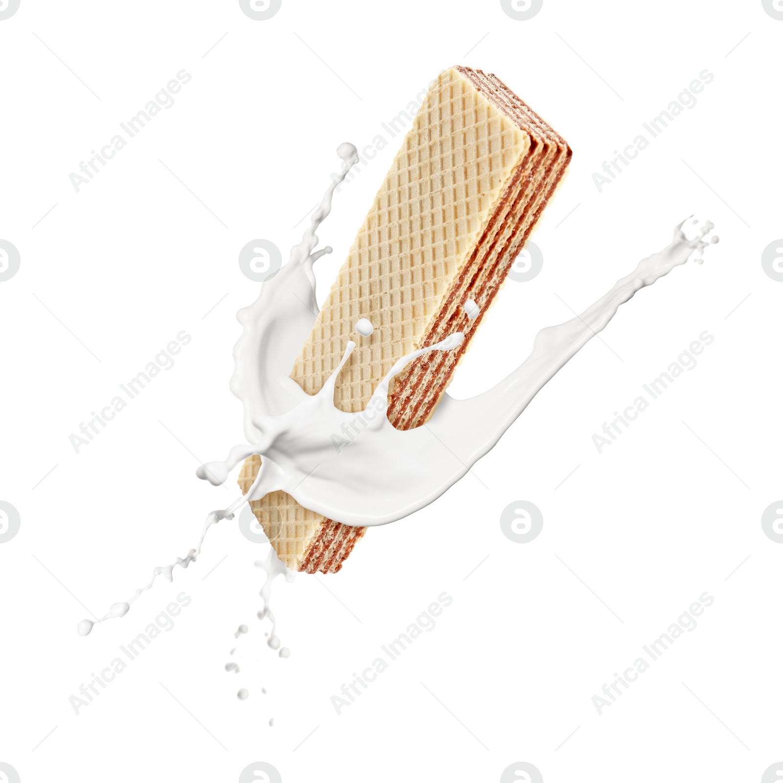 Tasty crispy wafer and milk splash on white background Image of Tasty crispy wafer and milk splash on white background
