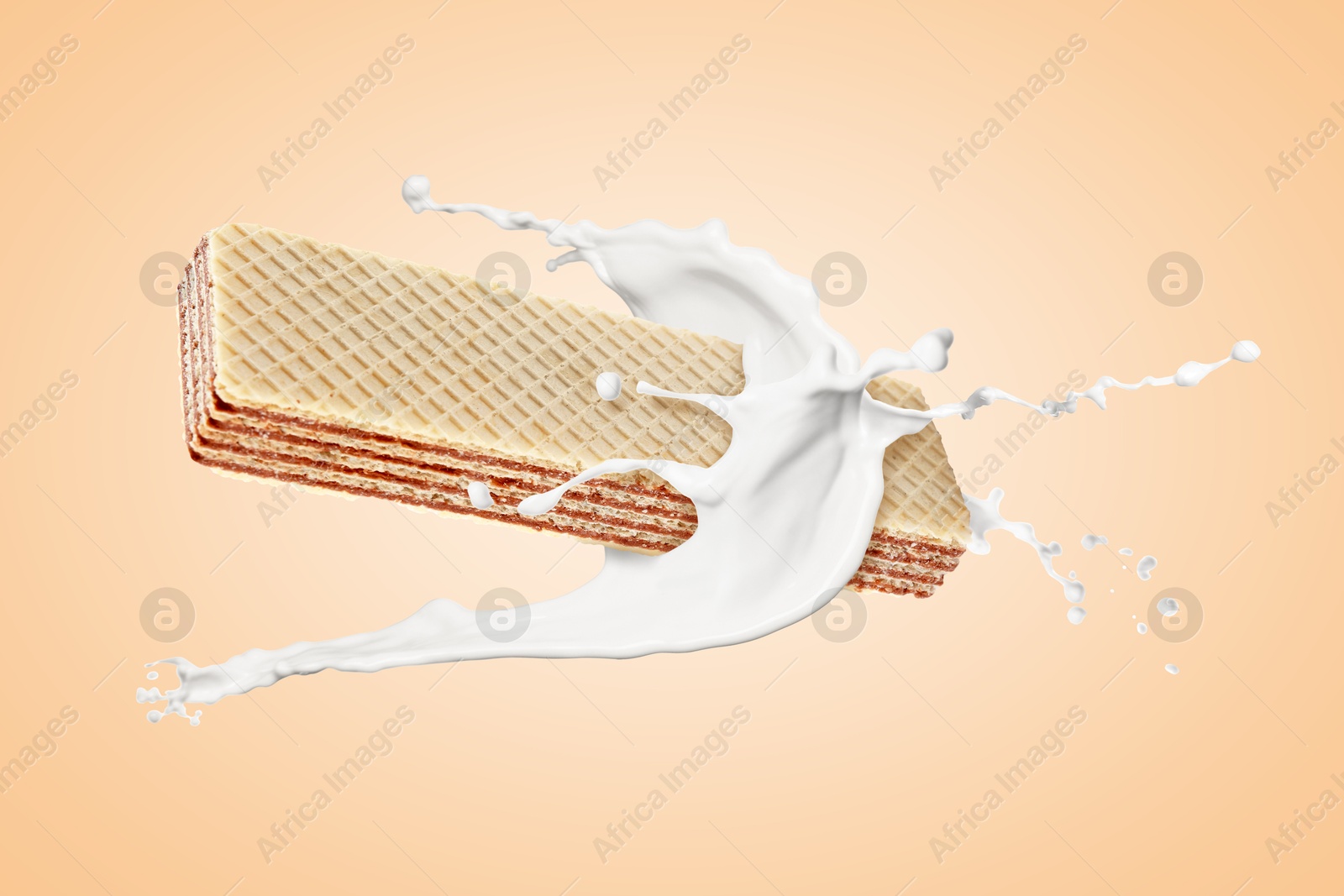 Tasty crispy wafer and milk splash on dark beige background Image of Tasty crispy wafer and milk splash on dark beige background