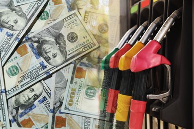Image of Fuel price. Gas filling station and dollar banknotes, double exposure