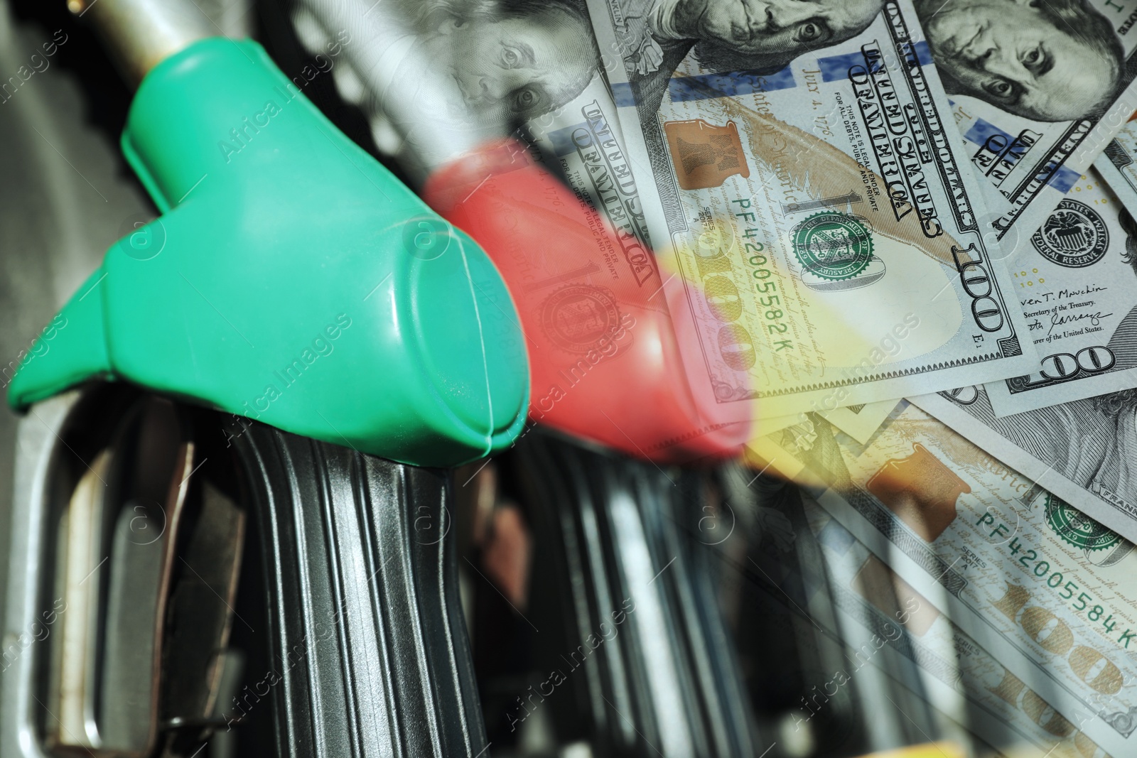 Fuel price. Gas filling station and dollar banknotes, double exposure Image of Fuel price. Gas filling station and dollar banknotes, double exposure