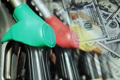Image of Fuel price. Gas filling station and dollar banknotes, double exposure