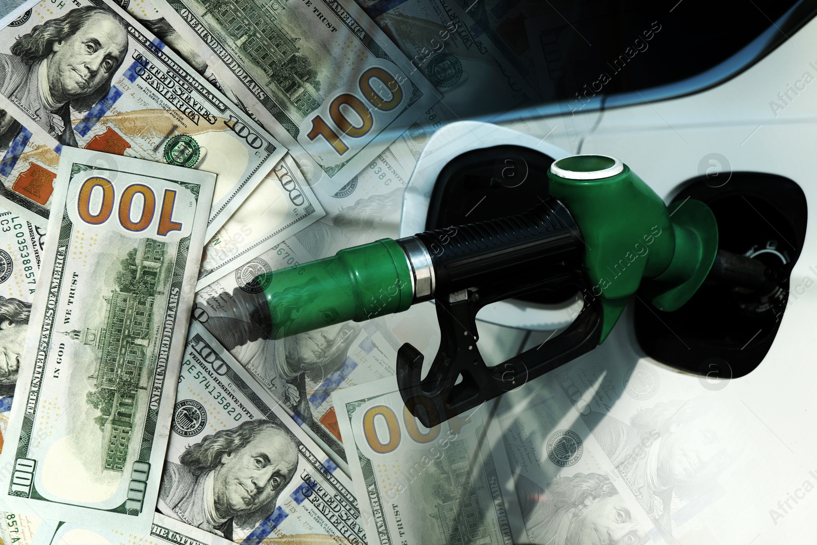 Fuel price. Refueling car at gas filling station and dollar banknotes, double exposure Image of Fuel price. Refueling car at gas filling station and dollar banknotes, double exposure
