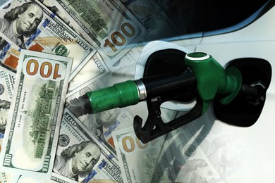 Image of Fuel price. Refueling car at gas filling station and dollar banknotes, double exposure