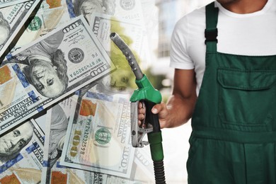 Image of Fuel price. Gas station attendant and dollar banknotes, double exposure