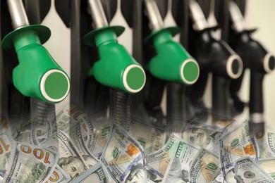 Image of Fuel price. Gas filling station and dollar banknotes, double exposure