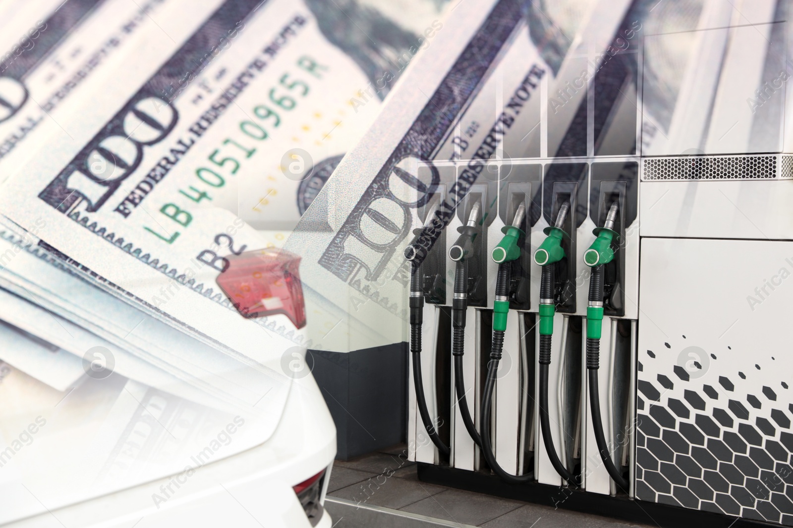 Fuel price. Gas filling station and dollar banknotes, double exposure Image of Fuel price. Gas filling station and dollar banknotes, double exposure