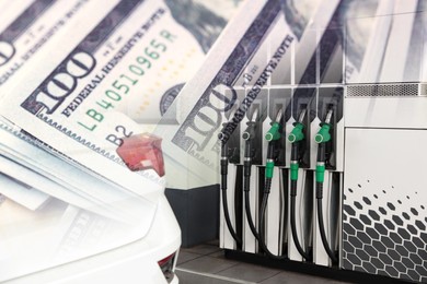 Image of Fuel price. Gas filling station and dollar banknotes, double exposure