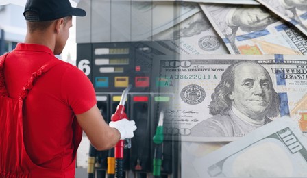 Image of Fuel price. Gas station attendant and dollar banknotes, double exposure