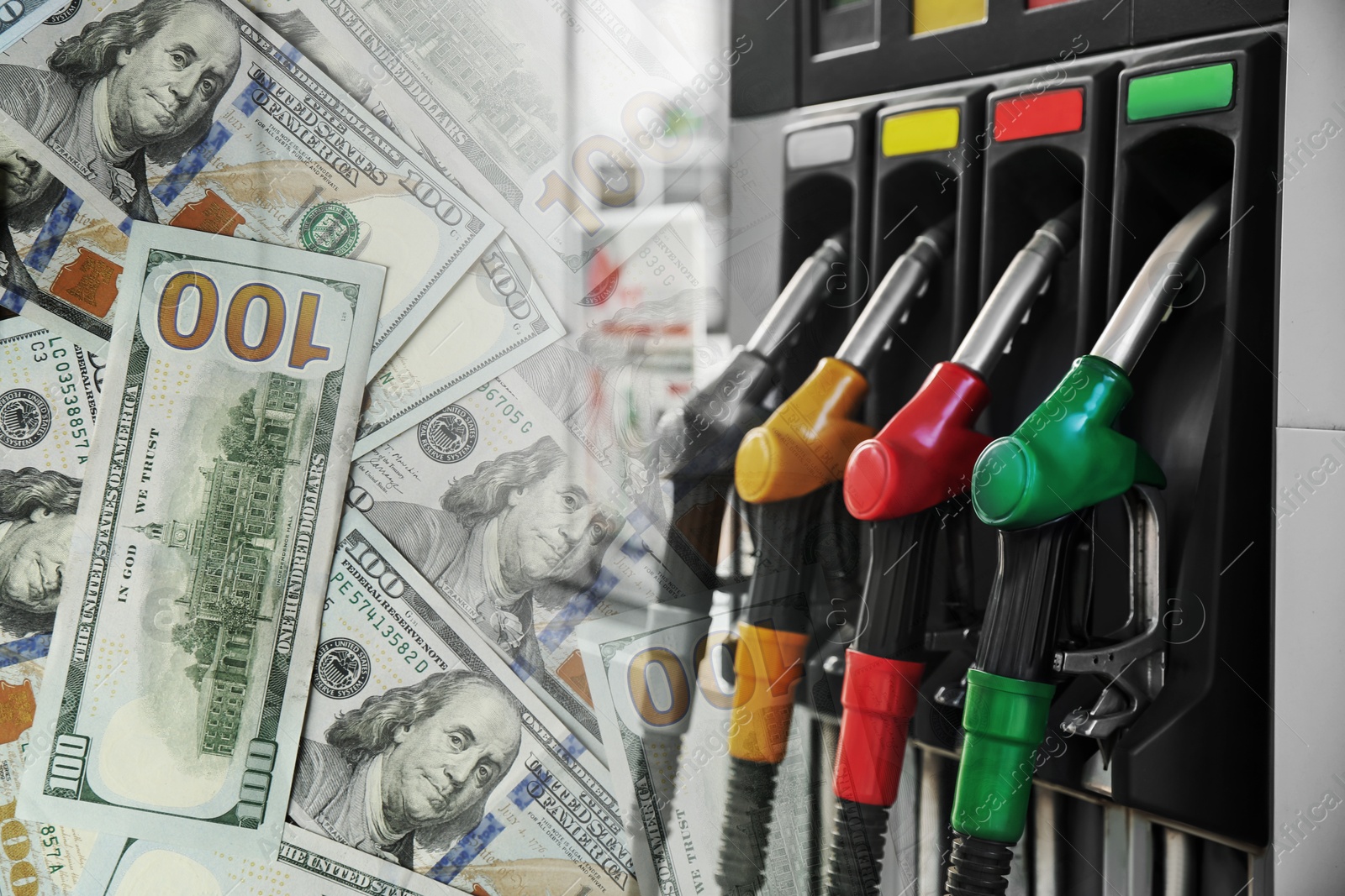 Fuel price. Gas filling station and dollar banknotes, double exposure Image of Fuel price. Gas filling station and dollar banknotes, double exposure