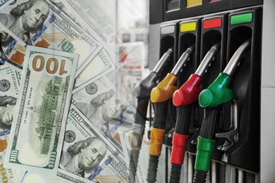 Image of Fuel price. Gas filling station and dollar banknotes, double exposure
