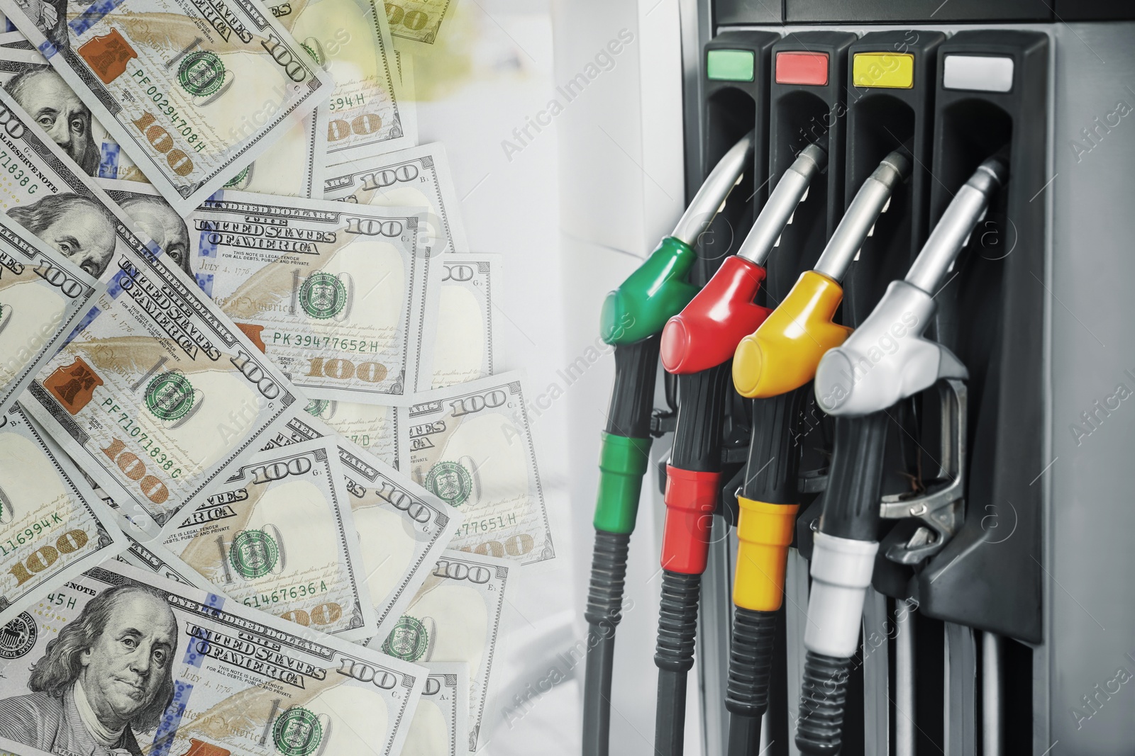 Fuel price. Gas filling station and dollar banknotes, double exposure Image of Fuel price. Gas filling station and dollar banknotes, double exposure
