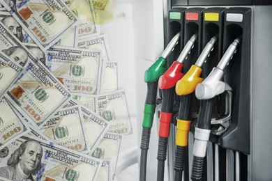 Image of Fuel price. Gas filling station and dollar banknotes, double exposure