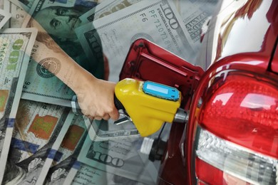 Image of Fuel price. Gas station attendant refueling car, double exposure with dollar banknotes