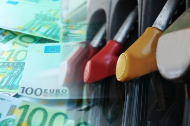Image of Fuel price. Gas filling station and euro banknotes, double exposure