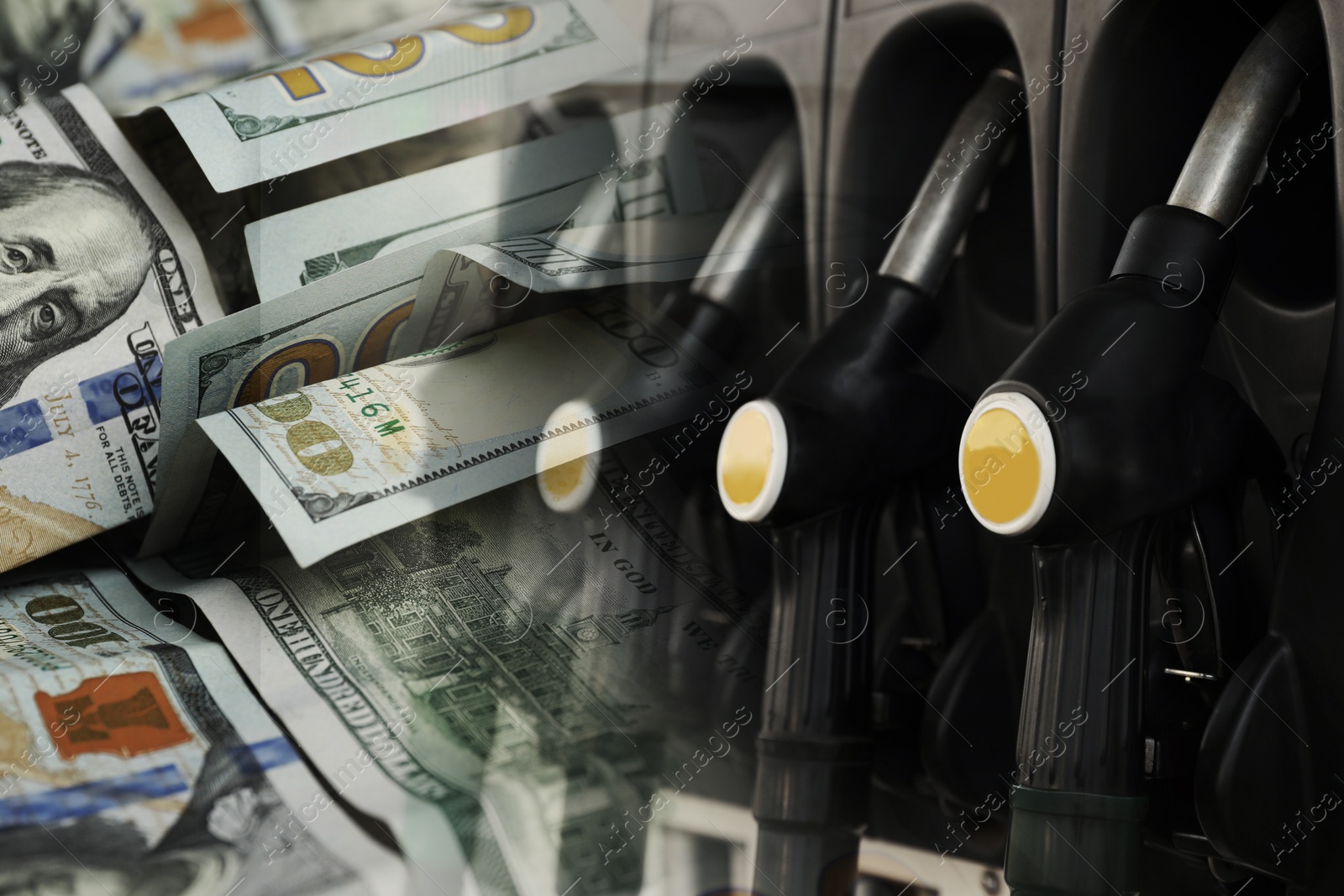 Fuel price. Gas filling station and dollar banknotes, double exposure Image of Fuel price. Gas filling station and dollar banknotes, double exposure