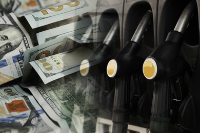 Image of Fuel price. Gas filling station and dollar banknotes, double exposure