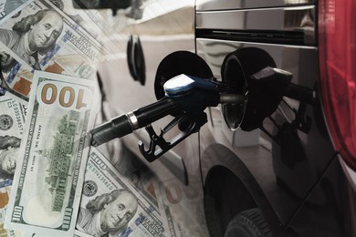 Image of Fuel price. Refueling car at gas filling station and dollar banknotes, double exposure