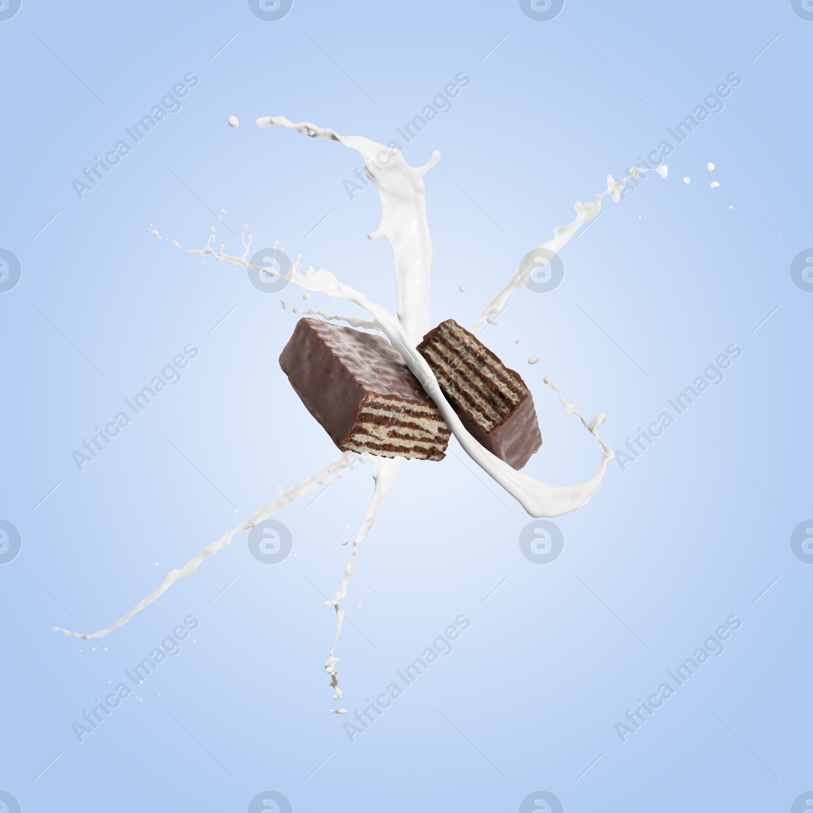 Tasty crispy wafer and splashing milk on light blue background Image of Tasty crispy wafer and splashing milk on light blue background