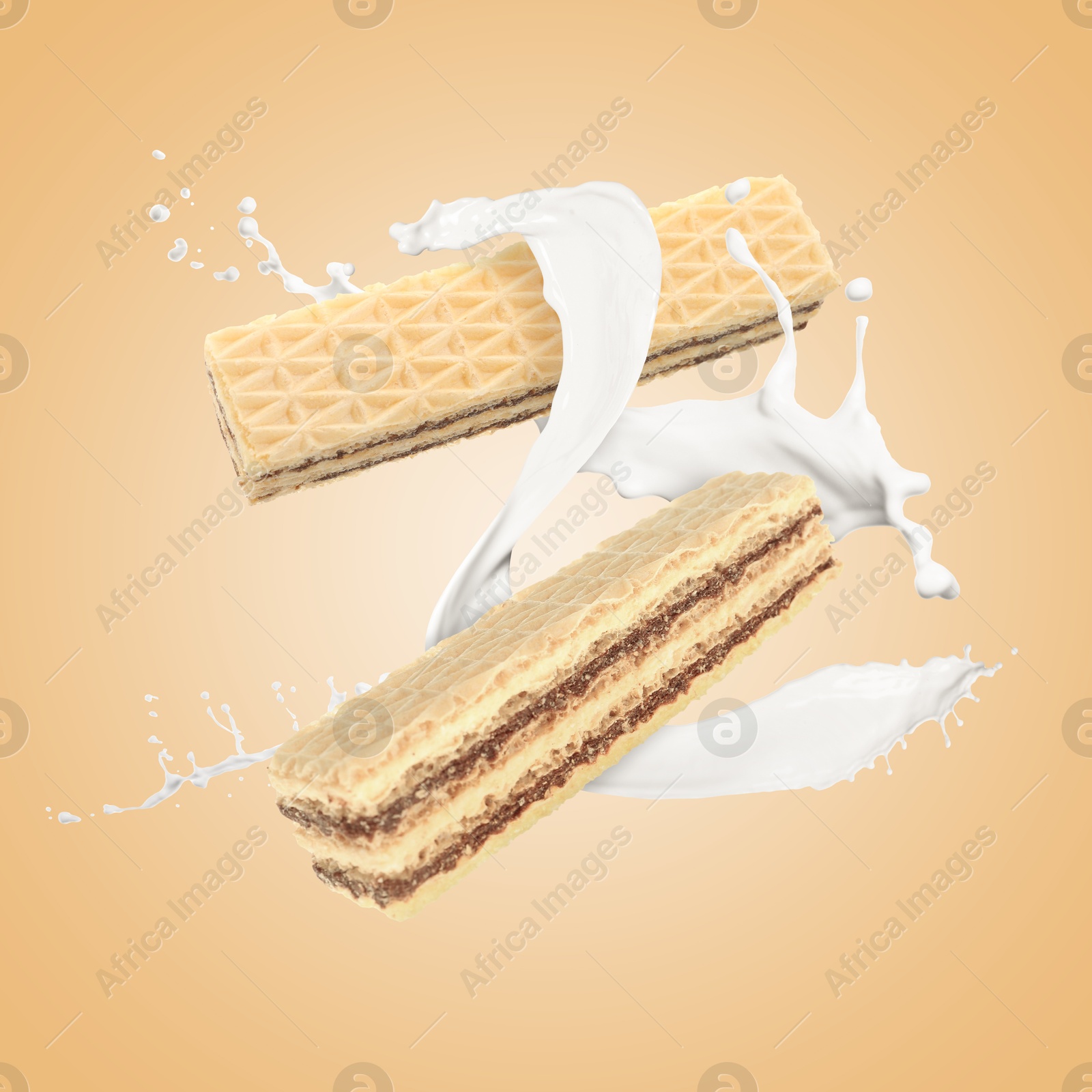 Tasty crispy wafers and splashing milk on dark beige background Image of Tasty crispy wafers and splashing milk on dark beige background