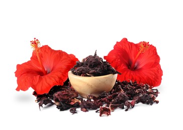 Image of Red hibiscus flowers and dried calyces on white background