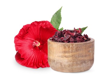 Image of Red hibiscus flower and bowl with dried calyces on white background