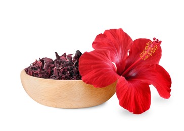 Image of Red hibiscus flower and bowl with dried calyces on white background