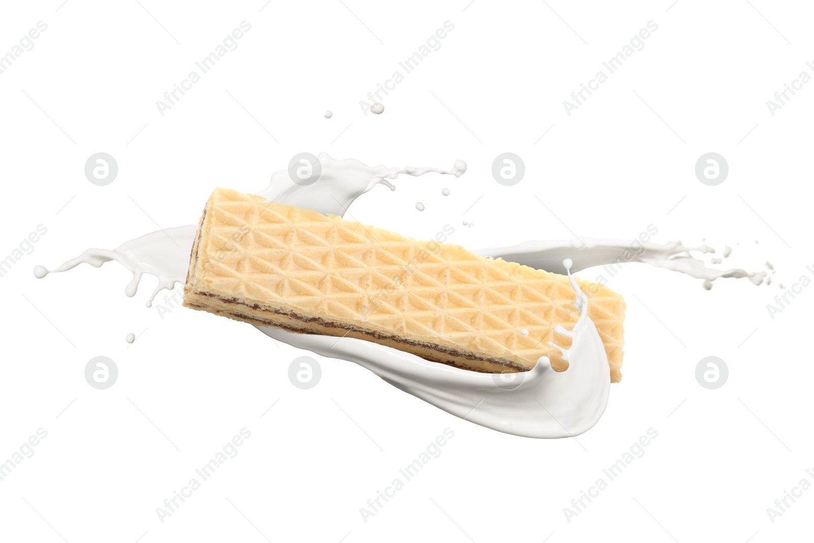 Tasty crispy wafer and milk splash on white background Image of Tasty crispy wafer and milk splash on white background