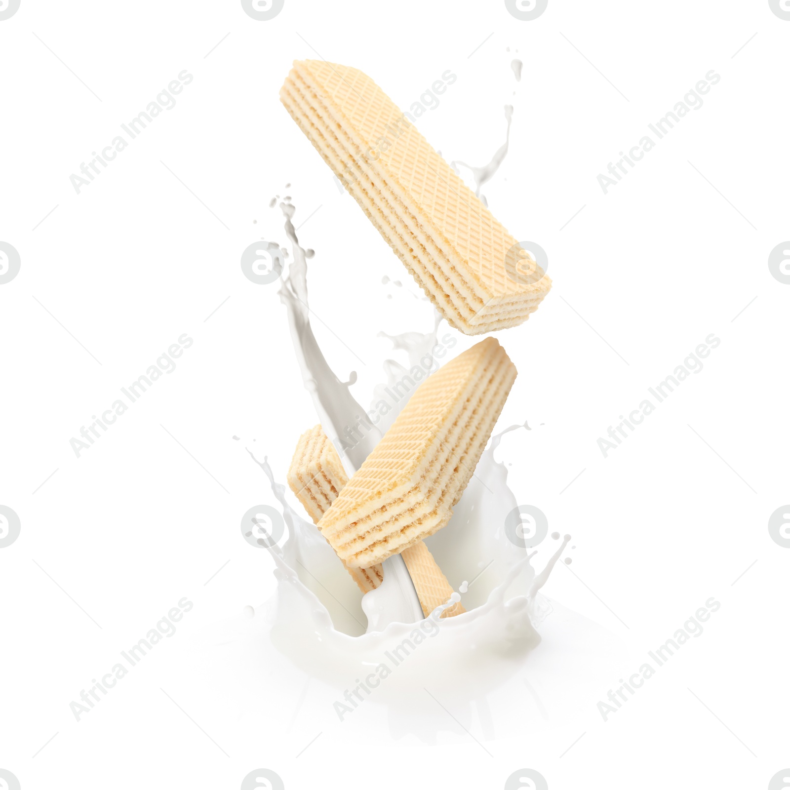 Tasty crispy wafers falling into splashing milk against white background Image of Tasty crispy wafers falling into splashing milk against white background