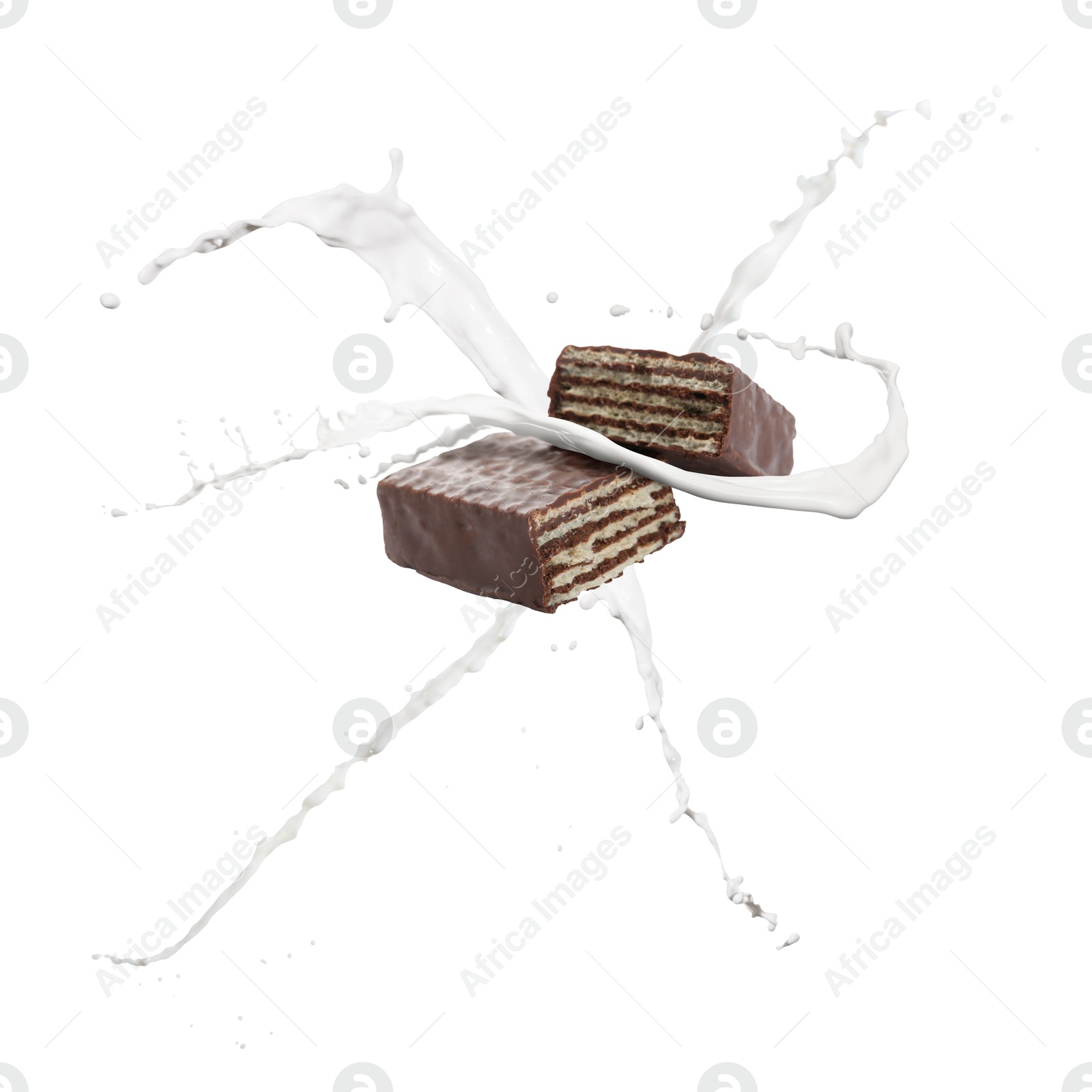 Tasty crispy wafer and splashing milk on white background Image of Tasty crispy wafer and splashing milk on white background