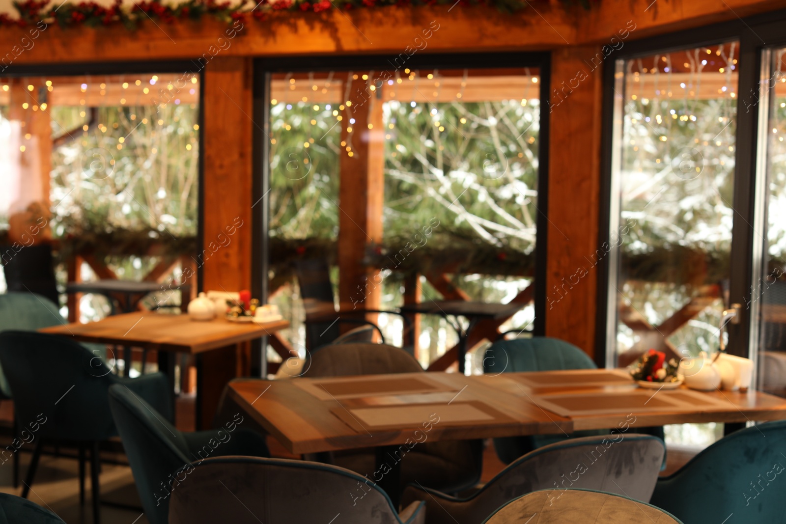 Modern cafe interior with new stylish furniture Photo of Modern cafe interior with new stylish furniture