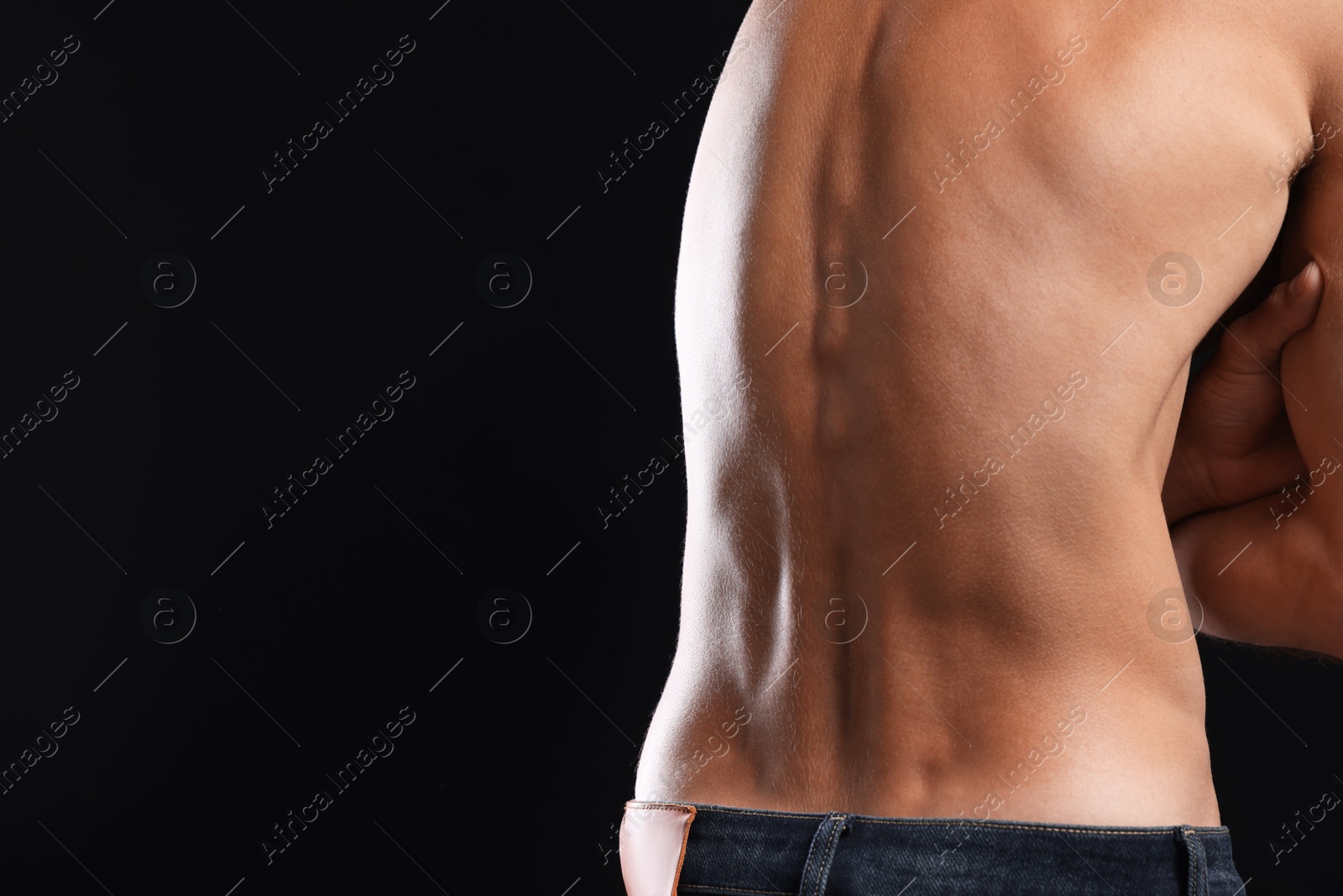 Man suffering from anorexia on black background, closeup. Space for text Photo of Man suffering from anorexia on black background, closeup. Space for text