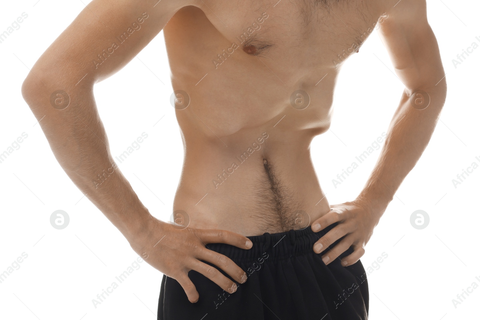 Man suffering from anorexia on white background, closeup Photo of Man suffering from anorexia on white background, closeup