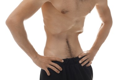 Photo of Man suffering from anorexia on white background, closeup