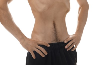 Photo of Man suffering from anorexia on white background, closeup