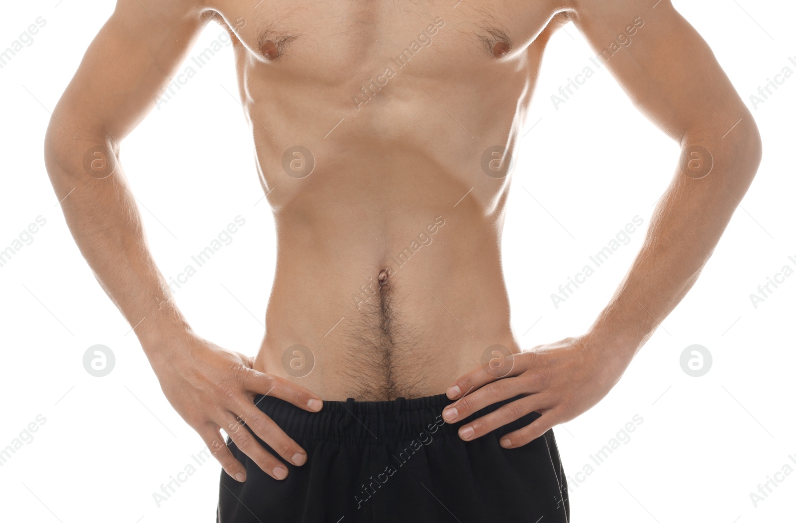 Man suffering from anorexia on white background, closeup Photo of Man suffering from anorexia on white background, closeup