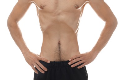 Photo of Man suffering from anorexia on white background, closeup