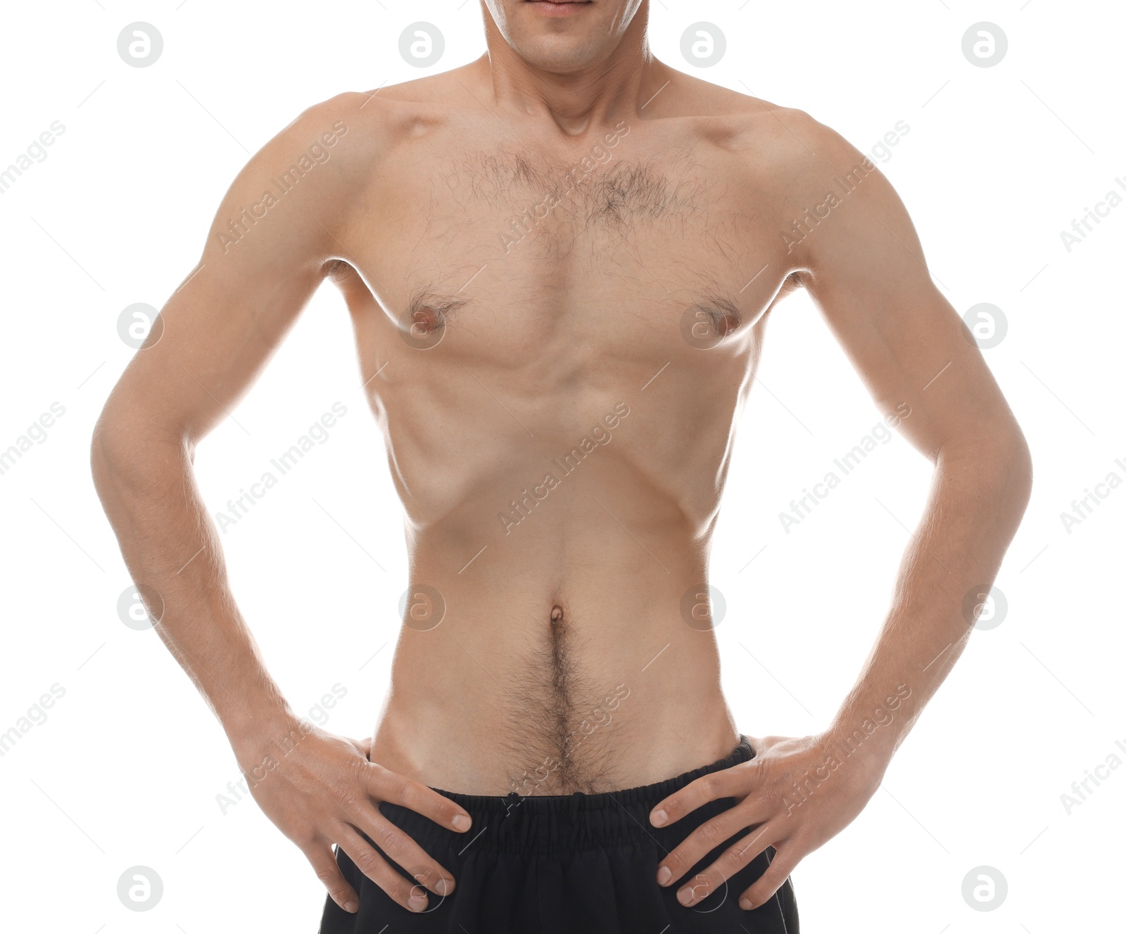 Man suffering from anorexia on white background, closeup Photo of Man suffering from anorexia on white background, closeup