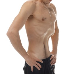 Photo of Man suffering from anorexia on white background, closeup
