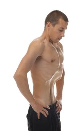 Photo of Man suffering from anorexia on white background