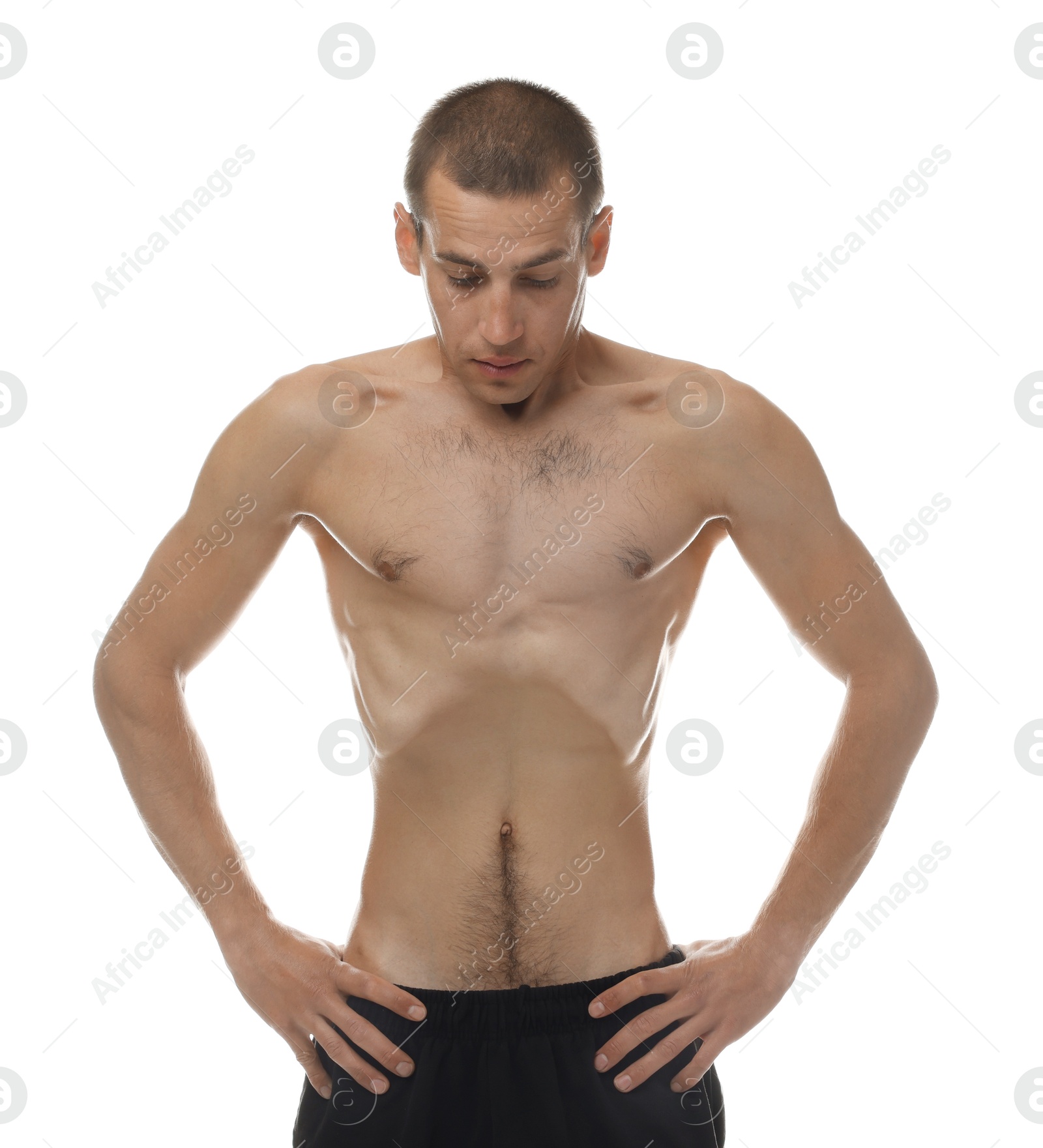 Man suffering from anorexia on white background Photo of Man suffering from anorexia on white background