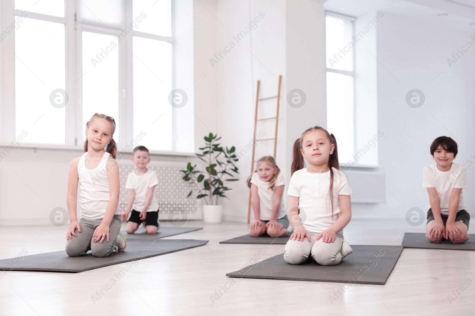 Group of children on yoga mats in class Photo of Group of children on yoga mats in class