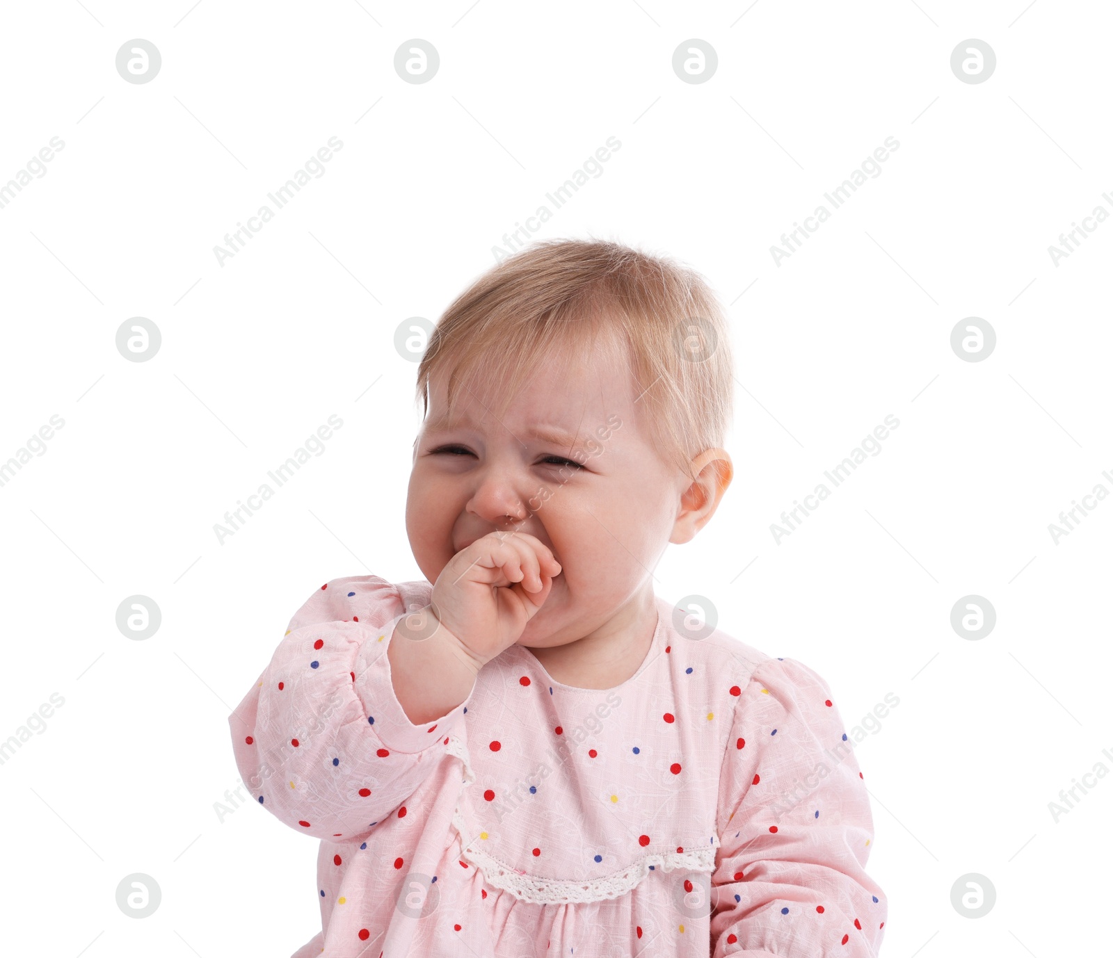 Cute little baby girl crying on white background Photo of Cute little baby girl crying on white background
