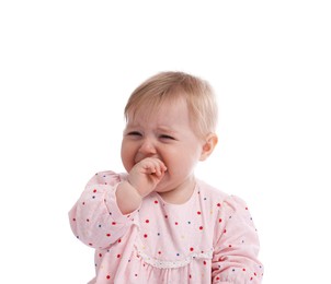 Photo of Cute little baby girl crying on white background