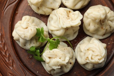 Photo of Delicious khinkali with cilantro on plate, top view