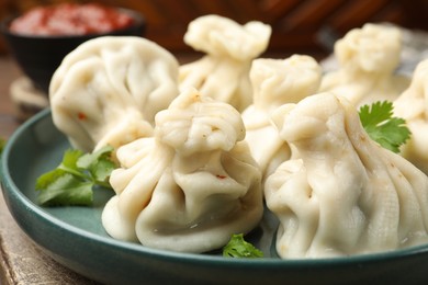 Photo of Delicious khinkali with cilantro on table, closeup