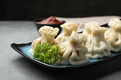 Photo of Delicious khinkali served on grey table, closeup