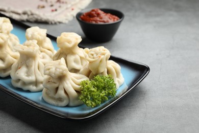 Photo of Delicious khinkali served on grey table, closeup. Space for text