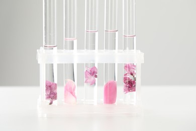 Photo of Making luxury perfume. Essential oils in test tubes and flowers on white table, closeup