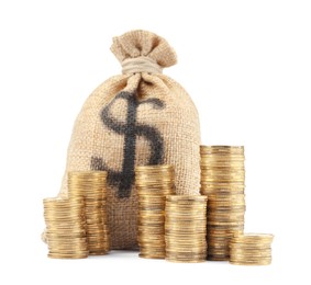 Photo of Bag with dollar sign and coins isolated on white