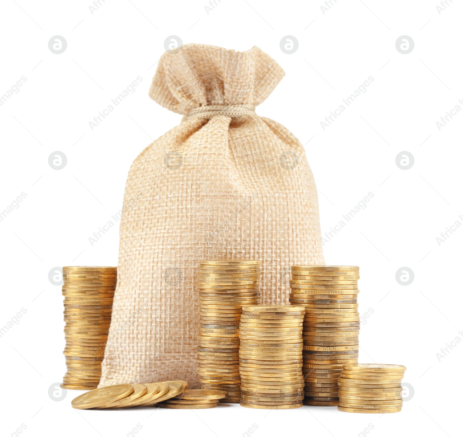 Photo of Bag and stacked coins isolated on white